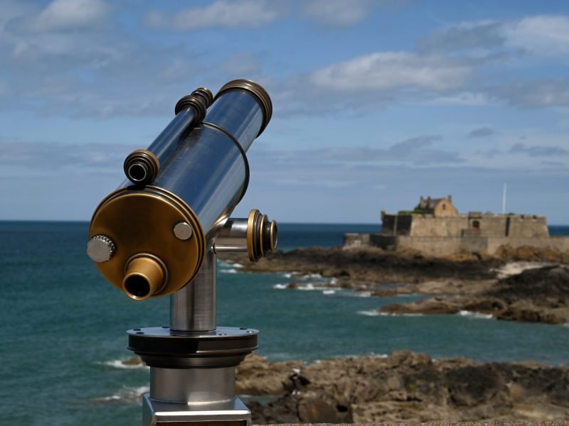 Saint-Malo, France, May 11, 2022: Panoramic telescope facing the Fort National of Saint-Malo in Brittany